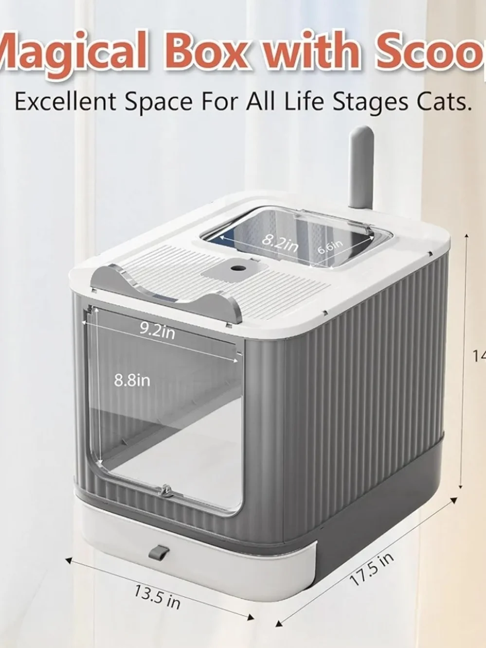 Covered Cat Litter Box Enclosure w/ Lid Drawer Scoop Top Exit White Gray